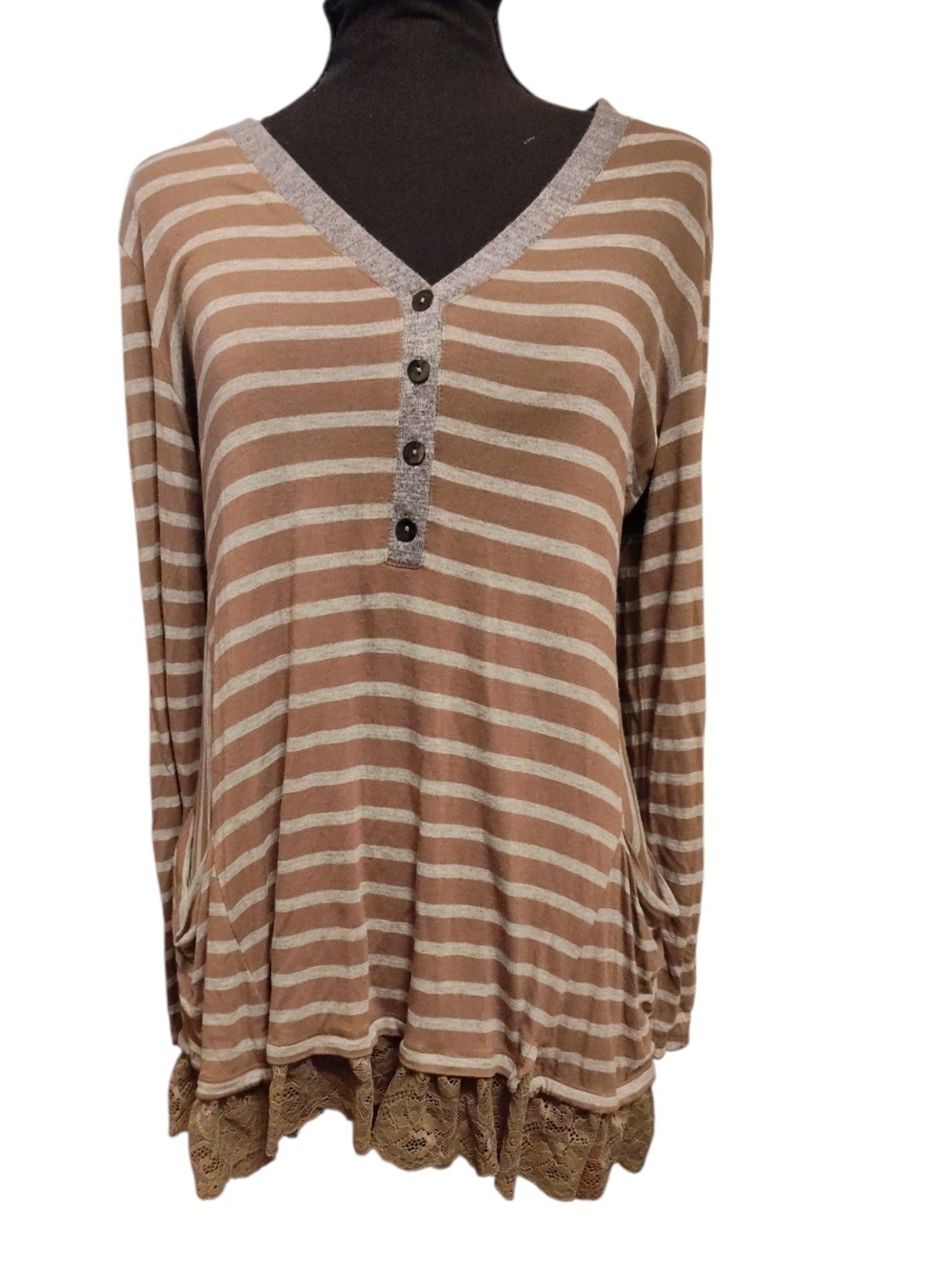 LOGO by Lori Goldstein Taupe and White Striped V-Neck Henley Tunic with Lace Hem